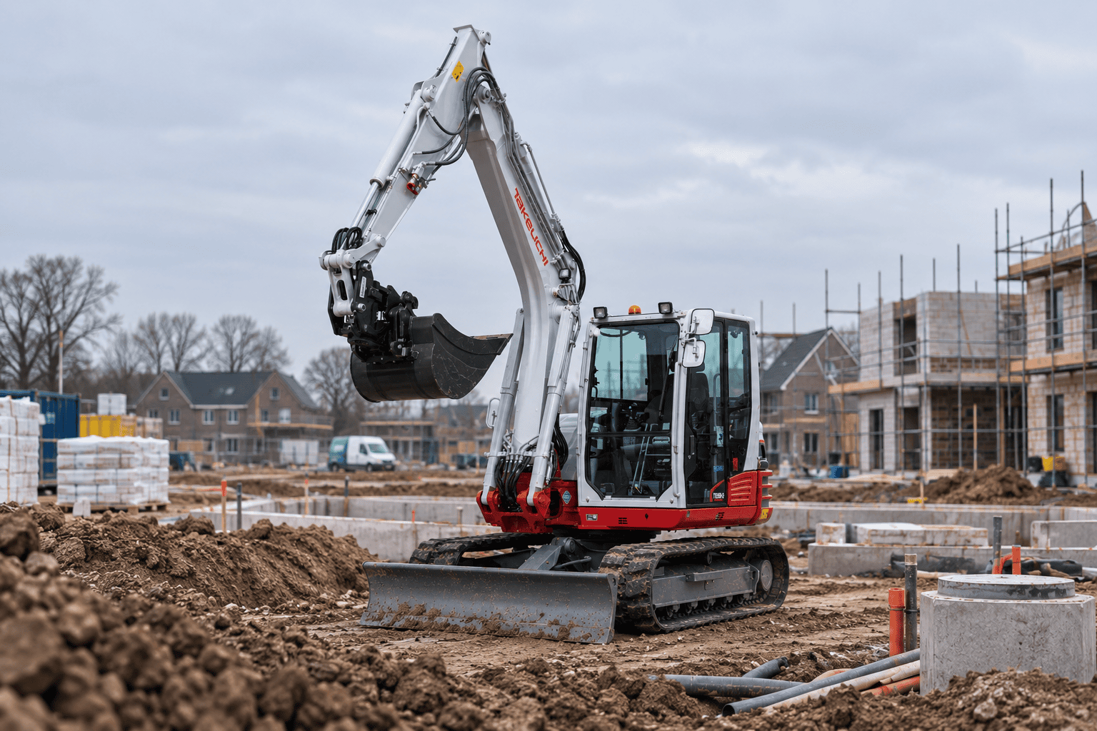 Takeuchi 290-2 monoboom actief in een nieuwbouwwijk
