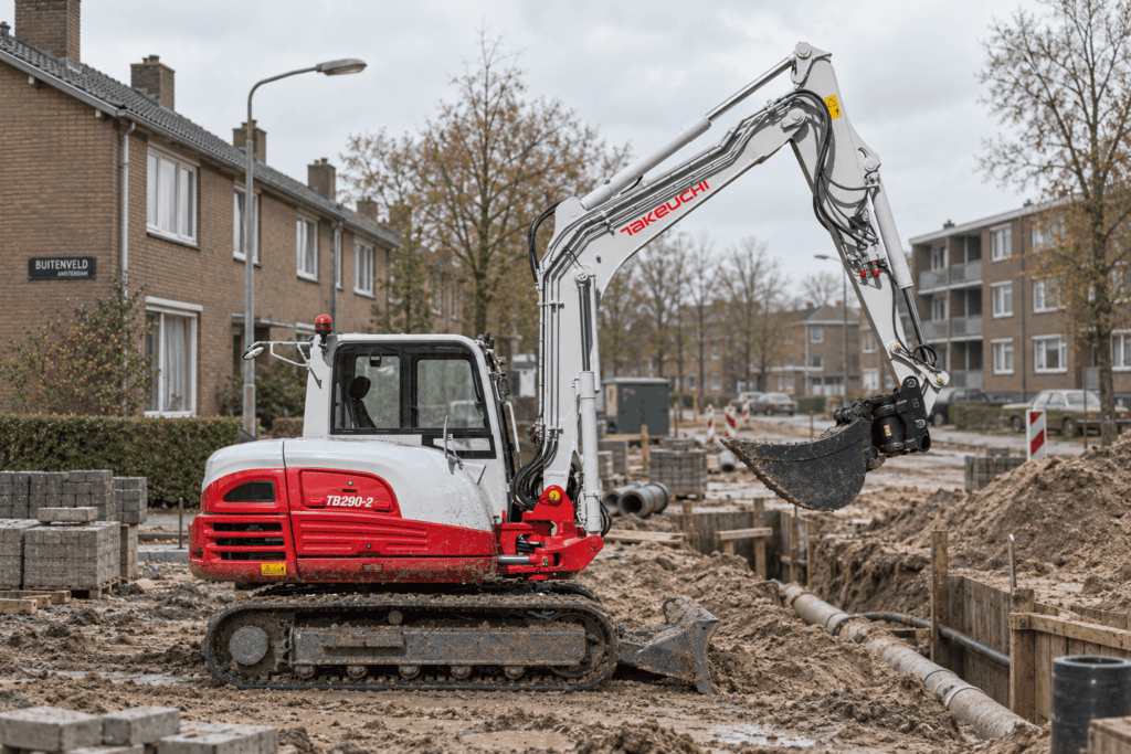 takeuchi tb 290-2 monobeem grond aan het verzetten in een woonwijk