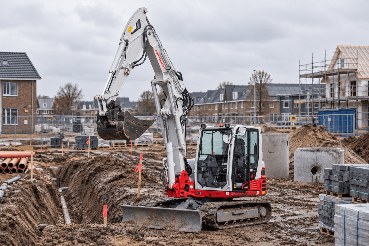 Takeuchi tb290-2 two piece boom aan het graven in een nieuwbouwwijk in aanbouw